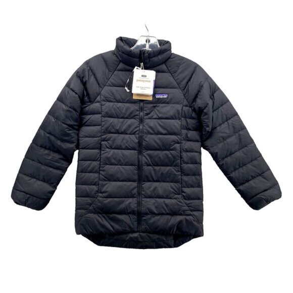 Patagonia Puff Down Jacket Kids Medium (10) Black Drop-Tail Sweater Slim Outdoor - Picture 1 of 14